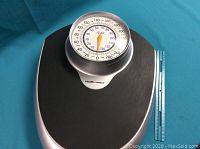 Analog Health O Meter weigh scale with round dial showing black numbers for pounds and blue numbers for kilograms on black and silver base.