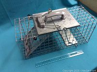 Full view of metal wire cage rodent trap with blue background, showing the cage, metal top plate, and attached handle with spring mechanism.