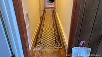 Full length photo of one runner rug with beige background and green geometric patterns along hallway