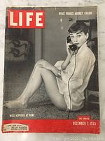 Full front cover of the Life magazine December 7, 1953 issue showing Audrey Hepburn sitting on the floor with a telephone.