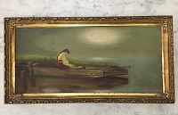 Full view of antique framed oil painting showing woman in boat under moonlight.