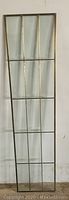 Full view of one tall narrow brass and glass panel with grid pattern in brass and clear beveled glass sections.