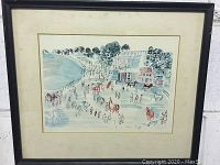 Full view of the framed watercolor artwork showing the complete scene and matting with visible aging marks.
