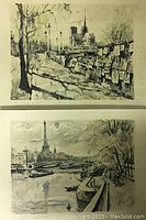 Two vintage Paris scene prints shown side by side, both approximately 16" x 12"