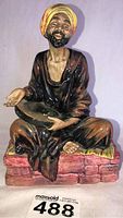 Front view of Royal Doulton Mendicant figurine showing seated man with yellow turban and black robe on brick base