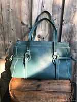 Front view of large green Hogan leather purse showing the embossed brand name and detailed stitching.