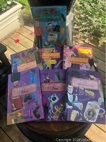 Photo showing all 7 illustrated Taschen travel books arranged in two rows on a wooden surface outdoors with garden background.