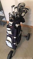 Full view of stand bag loaded with clubs on push cart