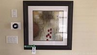 Framed abstract artwork displayed on wall with thermostat and light switches shown for size reference.