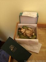 Photo showing the mohair Flopsy Bunny doll resting on a green felt leaf inside the open original box along with certificate of authenticity on top.