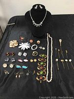 Full layout showing all jewelry items including necklace, earrings, brooches, pins, rings, pearl-like bracelet, mother-of-pearl cuff bracelet, and cufflinks.