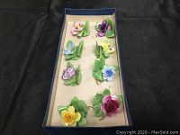 Top view of the set of 8 bone china floral card holders in original box.