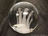 Front view of clear spherical crystal paperweight with internal white design, showing overall look and condition.