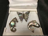 Overview photo of three abalone shell sterling silver brooches in a jewelry box.
