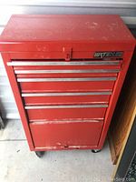 Full frontal view of red Waterloo tool chest with six drawers