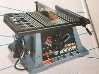 Front and side view of saw showing tabletop, blade guard, rip fence, handwheel and control panel