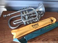 Used silver trumpet lying on wooden surface, alongside two recorder cases (yellow Yamaha and green Angel)
