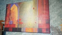 Abstract canvas 24x36 inch featuring warm colors and geometric shapes, signed by L. Lopez.