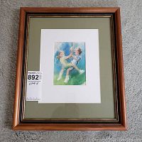 Framed pastel artwork showing two children on a swing with a matte and wooden frame