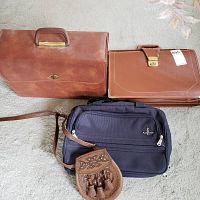 Overview photo showing the brown leather briefcase, brown accordion file, blue carry bag, and small Celtic design shoulder purse laid out on carpeting.