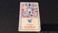 Front cover of USA Pocket Stock Book showing patriotic stamp images and 'Pocket Stock Book' title.