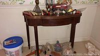 Front view of table with assorted items on top