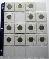 Front view of two pages in a plastic coin sheet protector showing 16 Canadian nickels from 1922 to 1936 George V series, individually held in white cardboard holders with date markings.