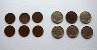 Top view of 6 Indian Head Pennies and 6 Buffalo Nickels on a white background, showing the obverse side of each coin.