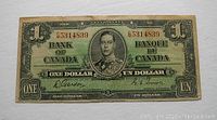 Front side of 1937 Canadian one dollar bill showing King George VI portrait and Gordon-Towers signatures with serial number E5314839.
