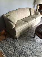 Full view of camelback sofa with two matching throw pillows in a living room setting.