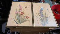 Two framed prints displayed together showing floral and butterfly artwork.