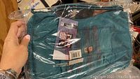 Front view of teal Magellan's VaultPro travel bag sealed in clear plastic packaging with tags visible.