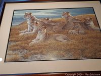 Full view of framed print showing the lionesses and cubs arranged in grassy setting.