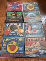 Seven vintage apple box labels arranged on wooden floor, all under shrink wrap showing bright colors and brand names.