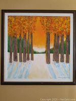 Front view of framed square oil painting depicting autumn trees and sunrise scene.