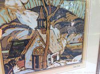 Close-up of the woodcut print showing snow-covered church and landscape