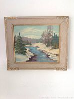 Front view of 'Hint of Spring' oil painting in carved frame