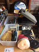 Photo showing various items including Motomaster Traveler 250 buffer, AutoShine polish, tools and accessories in plastic bins.