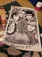 Black-and-white “Forever 27” poster featuring five musicians’ faces, open book graphic and “Forever 27” text