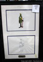 Full view of framed original production cel above framed character sketch, showing the vintage black frame with scratches and aging, with a metal plaque identifying the piece as Hanna-Barbera Original Production Cel.