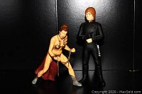 Luke Skywalker and Princess Leia action figures posed in front of a black backdrop.