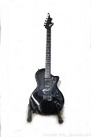 Full length front view of the black Esteban electric guitar on a black guitar stand, showing the body, neck, and headstock with tuning pegs.