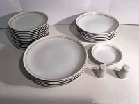 Full set of dinnerware laid out showing stacks of dinner plates, soup bowls, salad/dessert plates, two small bowls, and salt and pepper shakers.
