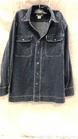 Dark blue lightweight denim jacket, snap button closure, two chest flap pockets, size medium, laid flat to display front.