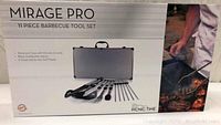 Box showing Mirage Pro 11 Piece Barbecue Tool Set with aluminum case and image of grilling