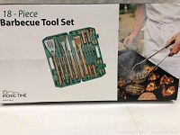 Front view of boxed Picnic Time 18-piece barbecue tool set showing utensils and case.
