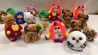 Front view showing various Beanie Babies and other stuffed animals in lot