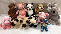 Photo showing 12 different stuffed animals including bear, pig, panda, dog, koala, and others.