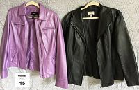 Front view of two leather jackets: violet Aleant jacket and black east5th jacket