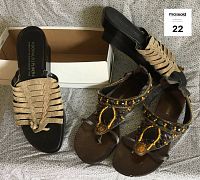 Two pairs of sandals: Luxury Rebel satin beaded thong sandals and Donald J Pliner metallic platform sandals with block heel.